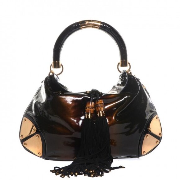 Gucci Indy Patent Leather Top Handle Bag Ombre Black/Dk Brown/Bronze - Picture 1 of 11